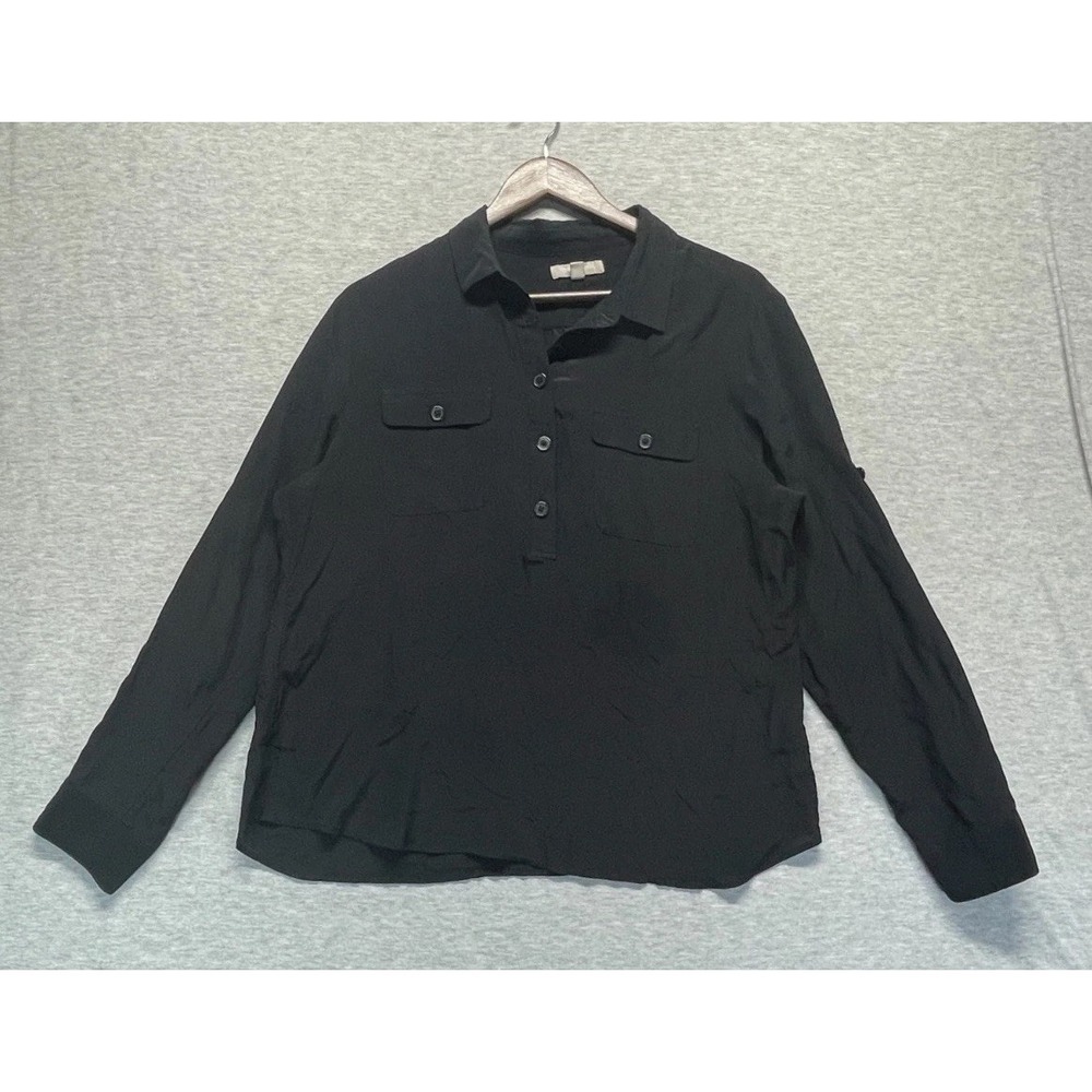 Banana Republic Shirt Womens XL Black Silk Roll Tab Sleeve Collared Button Front